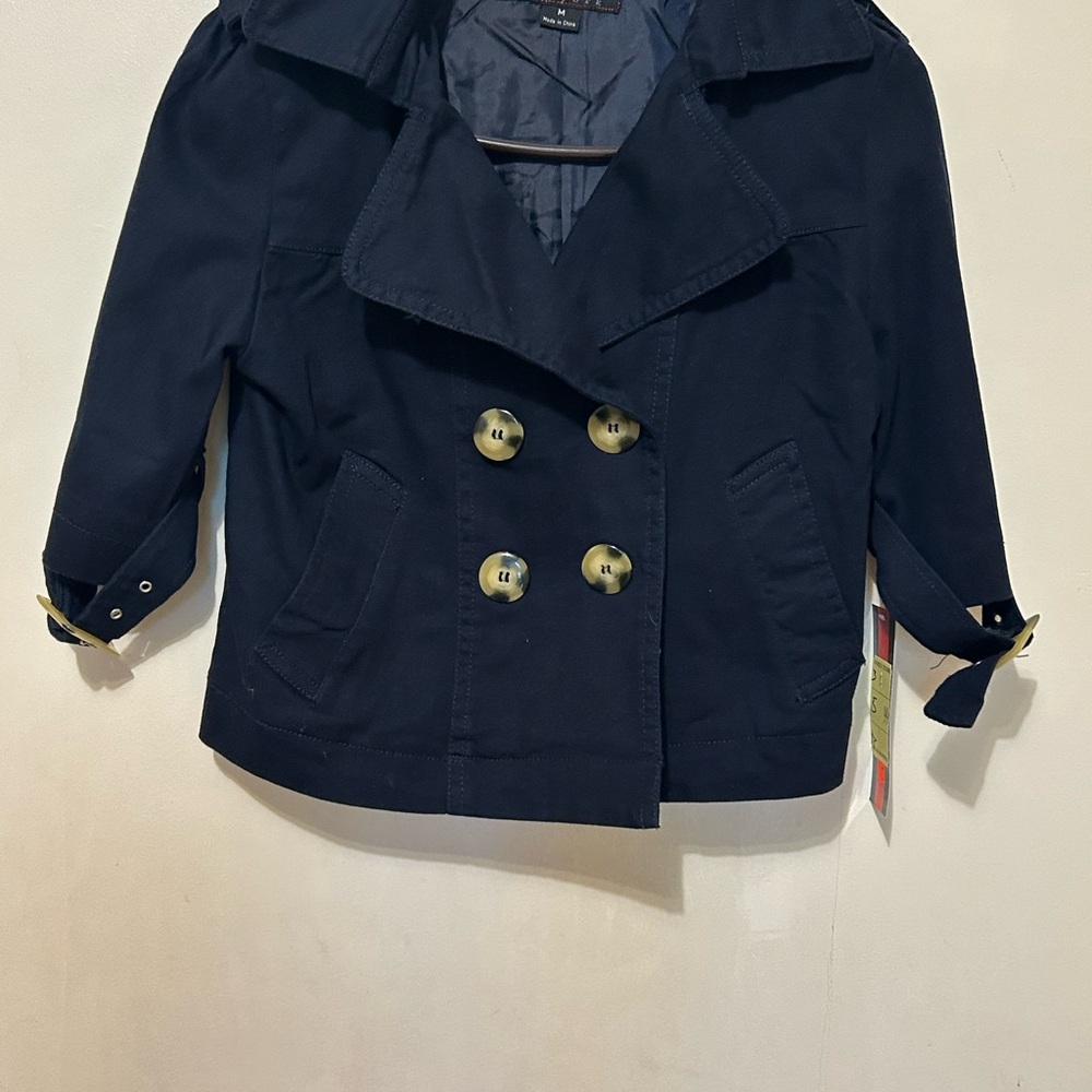 Women’s Navy Double-Breasted Lined Cotton Blazer Sz XS Epaulettes & Pleated Back